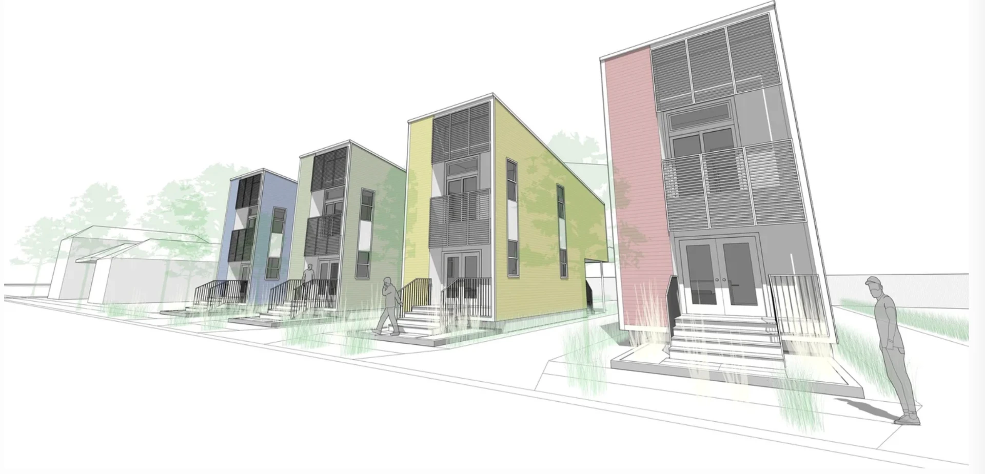 Wide architectural rendering of the South Saratoga collection of new homes along the street in Central City, New Orleans