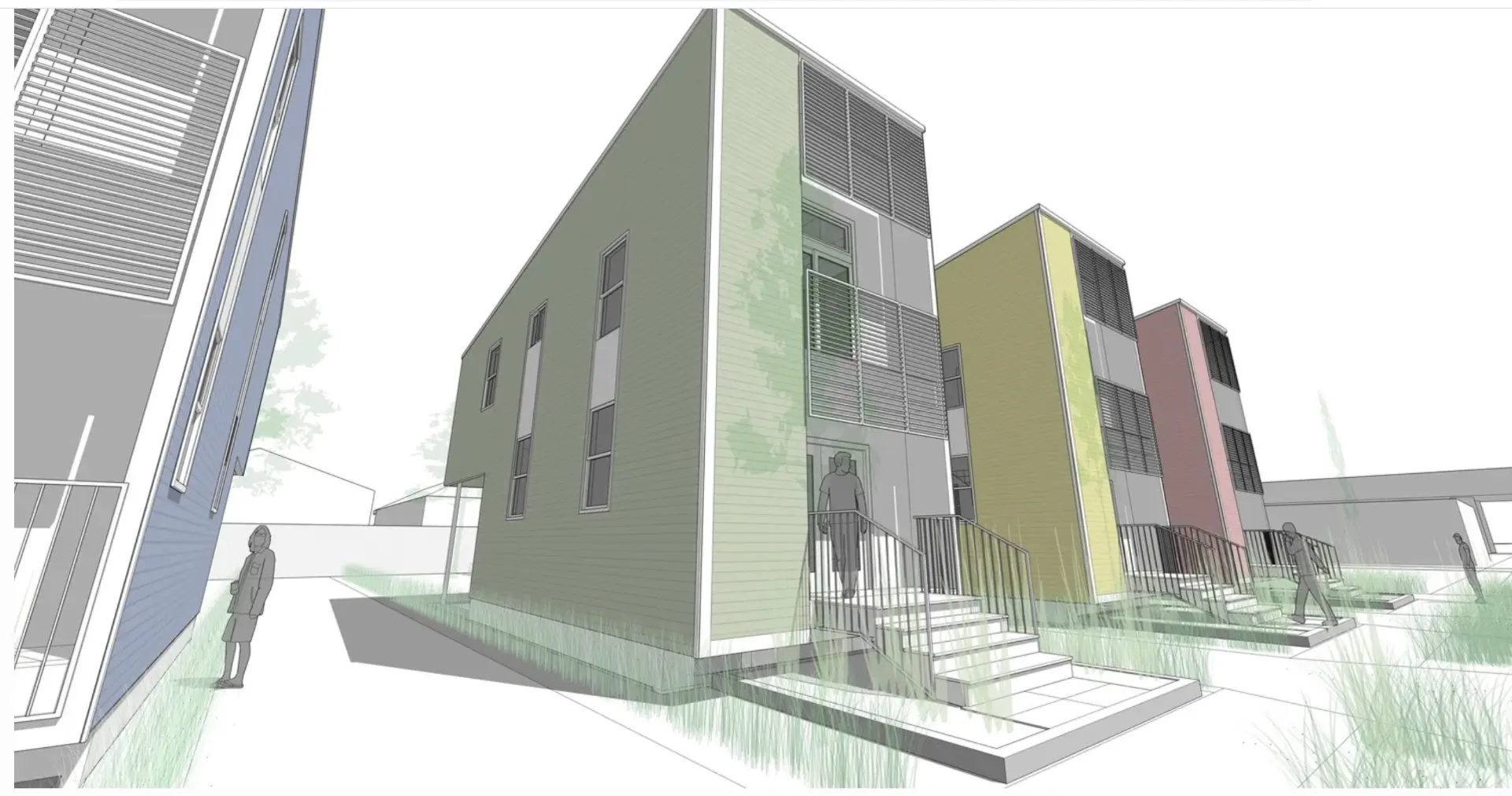 Rendering of a South Saratoga home at the sidewalk with a resident stepping down the front stairs
